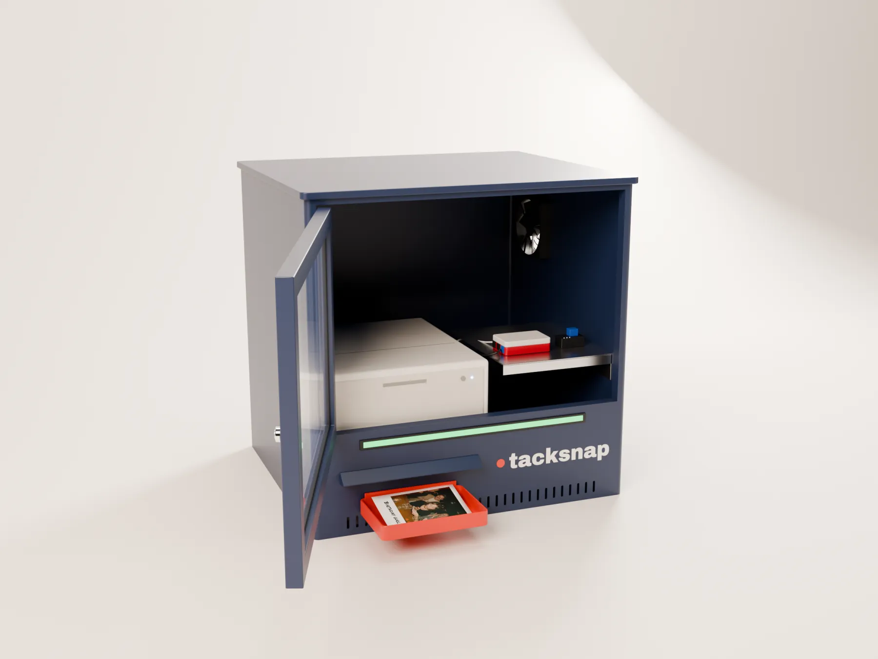 The Tacksnap Box with its door open showing the photo printer, controller and fan