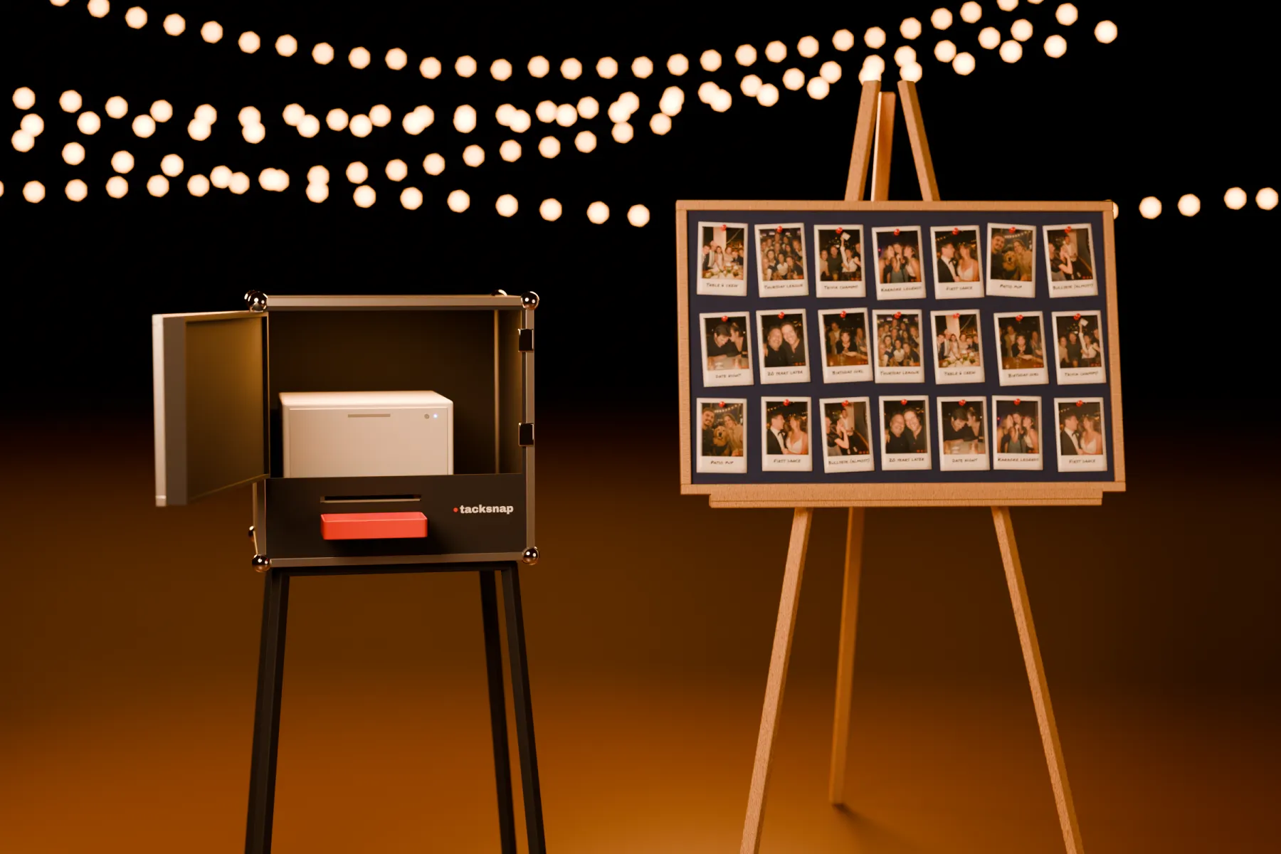 The Tacksnap event kit: a black case on a stand with the printer inside, next to a pin board on an easel