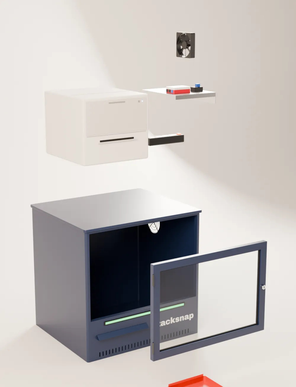 Exploded view of the Tacksnap Box: the fan, controller shelf and printer lifted above the steel cabinet, with the glass door and red print tray pulled forward