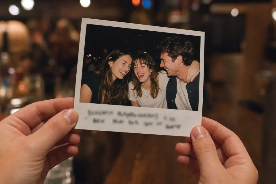 Hands holding a fresh print of three friends laughing