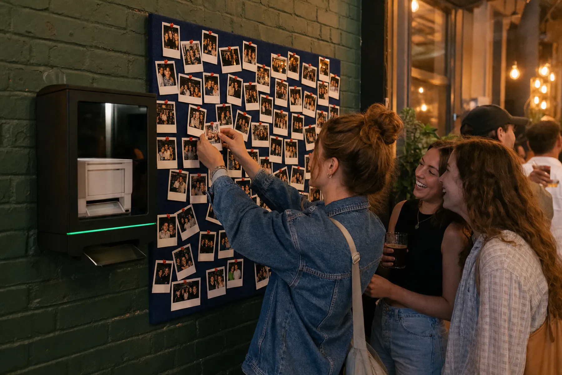 Friends pinning a fresh print to a navy felt board covered in photos, next to a Tacksnap box on a green brick wall