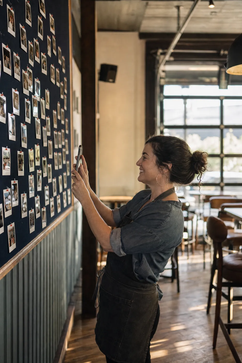 A bar owner photographing her pin board full of guest prints