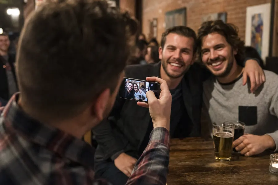 A man taking a photo of two friends at a bar table with his phone